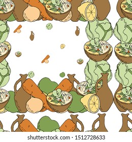 Square seamless pattern. Vegetarian salad. Cabbage, carrots and onions. Oil, lemon and apple.