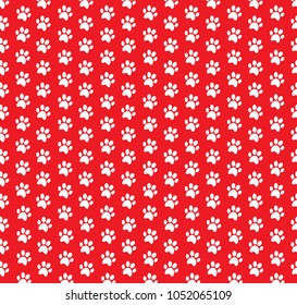 Square seamless pattern of white animal paw prints on red background. Vector illustration, template, poster, banner, cats or dogs paw walking track print for fabric, wrapping paper, wallpaper.