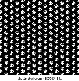 Square seamless pattern of white animal paw prints on black background. Vector illustration, template, poster, banner, cats or dogs paw walking track print for fabric, wrapping paper.