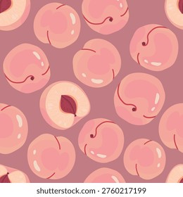 Square seamless pattern of whole peaches with an accent. Nice light peach colors on a dark pink background.