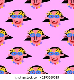 square seamless pattern-1970s psychedelic with carnival quirky dudes. Portraits of non-binary funny people. Funny funky and groovy people-ornament and back.Holiday party festival in mask