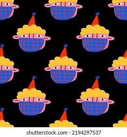 square seamless pattern-1970s psychedelic with carnival quirky dudes. Portraits of non-binary funny people.Funny funky and groovy people-ornament and back.Holiday party festival in medical mask