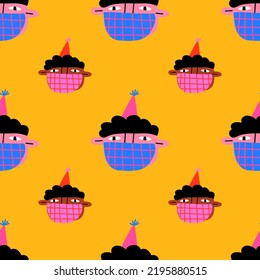 square seamless pattern-1970s psychedelic with carnival quirky dudes. Christmas and new year party.Portraits of non-binary funny people.Funny funky and groovy people.Holiday party festival