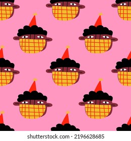 square seamless pattern-1970s psychedelic with carnival quirky dudes. Portraits of non-binary funny people.Funny funky and groovy people-ornament and back.Holiday party festival in medical mask