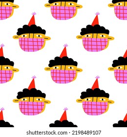 square seamless pattern-1970s psychedelic with carnival quirky dudes. Portraits of non-binary funny people.Funny funky and groovy people-ornament and back.Holiday party festival in medical mask