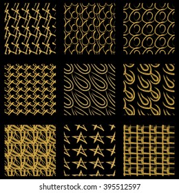 Square seamless patterns set. Seamless hand-drawn patterns. Gold and black color. Vector set of seamless patterns.