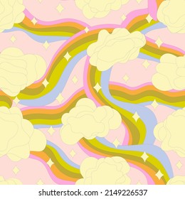 square seamless patterns with vintage groovy nature motifs. Retro  vector background surface design, textile, stationery, wrapping paper, covers. 60s, 70s, 80s style