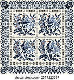 Square seamless Phoenix bird in Blossom Floral traditional pixel Geometric ethnic pattern design. Detailed Vector for pillowcase, carpet tile, embroidery, wallpaper, print, textile, mosaic, ceramic.