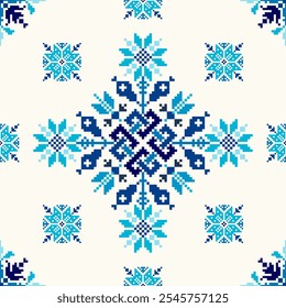 Quadratische nahtlose Schneeflocken ukrainischen Pixel Geometrische ethnische Muster. Rumänisch, Vyshyvanka, slawischen Ornament Stil.Detaillierte Vektor für Fliesen, Textil, Mosaik, Keramik, Patchwork, Kreuzstich, Stickerei