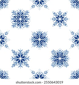 Quadrado sem costura flocos de neve pixel ucraniano padrão étnico geométrico. Romeno, Vyshyvanka, estilo de ornamento eslavo.Detalhado Vetor para azulejo, têxtil, mosaico, cerâmica, patchwork, ponto de cruz, bordados