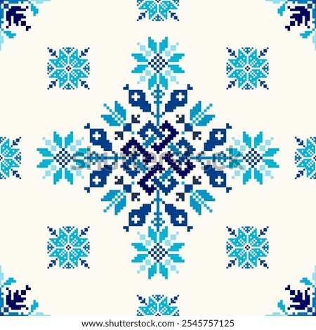 Square seamless Snowflakes Ukrainian pixel Geometric ethnic pattern. Romanian, Vyshyvanka, Slavic ornament style.Detailed Vector for tile, textile, mosaic, ceramic, patchwork, cross-stitch, embroidery