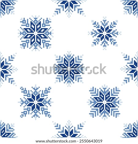 Square seamless Snowflakes Ukrainian pixel Geometric ethnic pattern. Romanian, Vyshyvanka, Slavic ornament style.Detailed Vector for tile, textile, mosaic, ceramic, patchwork, cross-stitch, embroidery