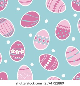 Square seamless vector background. Easter eggs. Patterns in pink, blue and white colors. 