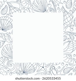 Square seashell frame with marine elements in line art style. Perfect for summer-themed greeting cards, packaging, and product labels.

