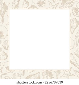 Square seashells frame. Sea and ocean design template. Vector illustration