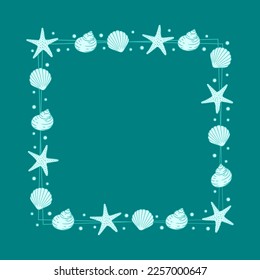 Square seashells frame. Sea and ocean design vertical template. Vector illustration summer or beach party advertising design