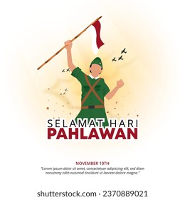 Square Selamat Hari Pahlawan Nasional or Happy Indonesia Heroes Day background with a hero in a battlefield