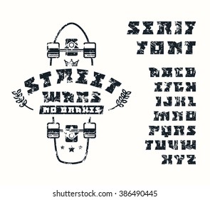 Square serif font and longboard emblem. Graphic design for t-shirt. Black print on white background