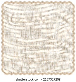 Square serviette, napkin, coverlet, rug, mat with grunge striped weave pattern and decorative wavy fringe in white,  brown, beige colors isolated on white 