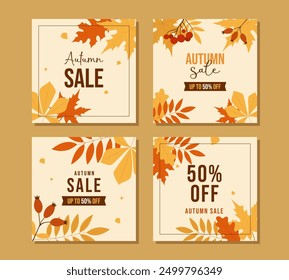 Square set for autumn sale with fall leaves. Vector banner templates for seasonal discounts in social networks. Perfect for promoting fall sales and special offers