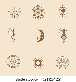 Square Set of magic icons and symbols - stars, moon, sun, dagger. Vector flat illustration