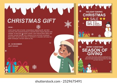 Square set. social media post Winter Christmas with illustration elements of a little boy wearing a Santa hat saying hello happily. Suitable for social media posts, Christmas invitation cards
