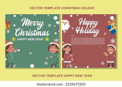 Square set. social media post Winter Christmas with illustration elements of a little boy wearing a Santa hat saying hello happily. Suitable for social media posts, Christmas invitation cards