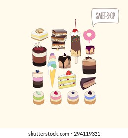 Square set of sweets with chocolate, cakes and slice of pie