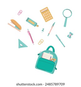 Square set template with school supplies, stationery and items. Back to school concept for web and promotional materials. Sale leaflet, advertising. Vector illustration isolated on white background.