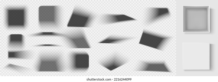 Square shadows overlay effect and open box mock up with lid top view. Realistic transparent shades set falling from objects on floor or wall with soft black edges and corners, 3d vector illustration