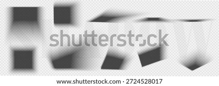 Square shadows overlay effect and open box mock up with lid top view. Realistic transparent shades set falling from objects on floor or wall with soft black edges and corners, 3d vector illustration