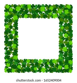 Square Shamrock St Patricks frame. Blank holiday irish clover border postcard. Emerald green clover leaves on white. Banner with traditional irish plants. Party invitation, gritting card template