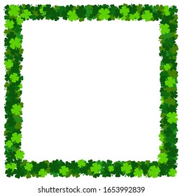 Square Shamrock St Patricks frame. Blank holiday irish clover border postcard. Emerald green clover leaves on white. Banner with traditional irish plants. Party invitation, gritting card template