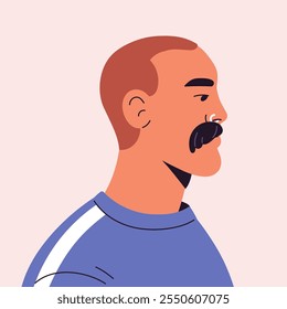 Square shape avatar of serious person with walrus moustache. Adult man with fashion style of mustache side view. Male portrait, face with piercing for user profile. Flat isolated vector illustration