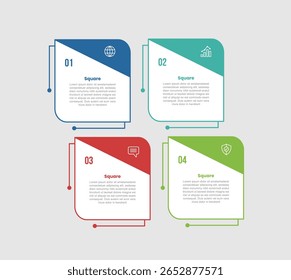 square shape base infographic diagram with round box with slope badge on right side with 4 step for slide presentation vector