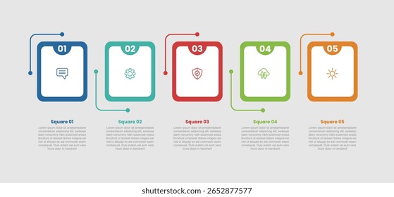 diagrama infográfico de base de forma quadrada com caixa quadrada redonda com símbolo de meio círculo com 5 etapas para vetor de apresentação de slide