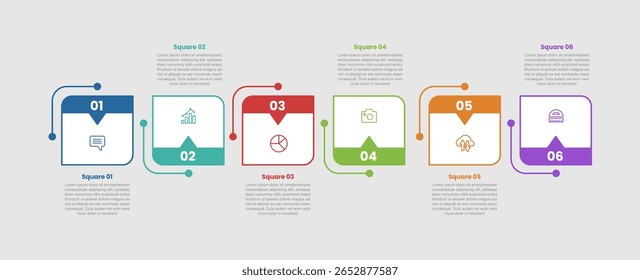 diagrama infográfico de base de forma quadrada com seta pequena para cima e para baixo com 6 etapas para vetor de apresentação de slide
