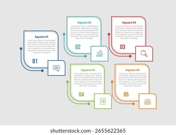 square shape base infographic diagram with sharp and round edge with footer badge with 5 step for slide presentation vector