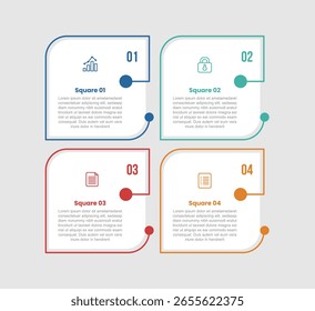 Diagrama de infografía de base de forma cuadrada con caja redonda con línea de puntos cortada en rodajas con 4 pasos para el Vector de presentación de diapositivas