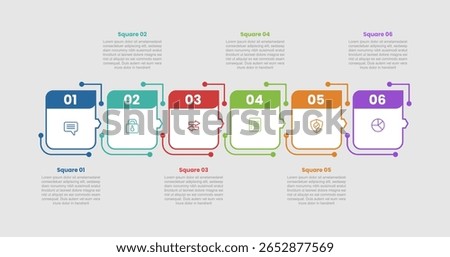 square shape base infographic diagram with single calendar shape with strong header badge on horizontal direction with 6 step for slide presentation vector