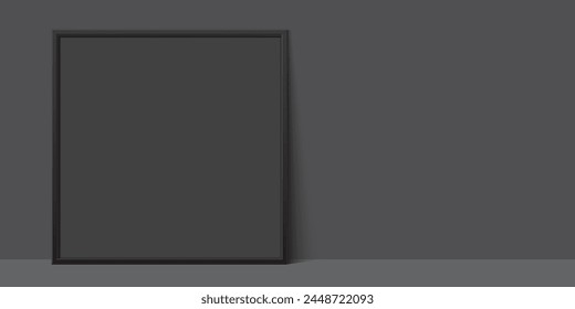 Square shape black poster frame leaning against a grey wall background. Poster gallery vector mockup for horizontal art, image, or text placement.