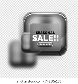 Square shape black sale button label tag, vector geometric buttons with transparency and blur effects