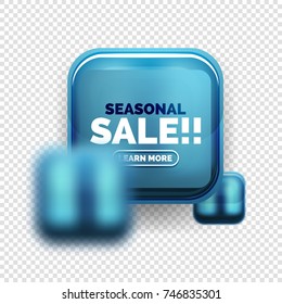 Square shape blue sale button label tag, vector geometric buttons with transparency and blur effects