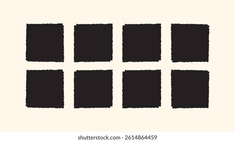 Square shape brush frame grunge, painted texture set. Rough rectangle hand stroke, oval print element. Drawn square block, text label edge. Vector image.