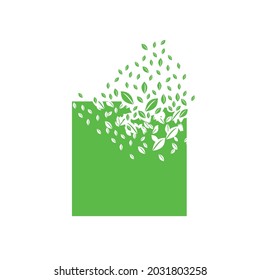 Square shape dissolves into a cloud of leaves. Effect of destruction. Dispersion.