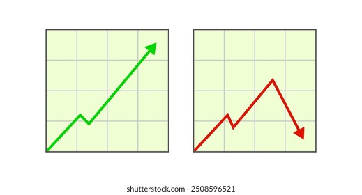 Emojis de forma quadrada ou ícones com setas verdes e vermelhas para perda e lucro, ícones vermelhos e verdes para indicadores financeiros, resultados de negócios, tendências de mercado, investimento, mercado de ações, planejamento financeiro