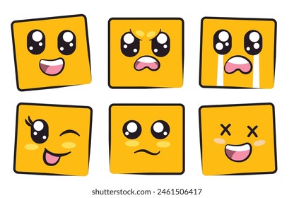 square shape with expression smile angry crying wink eye sadness and laughing mood feeling yellow color 