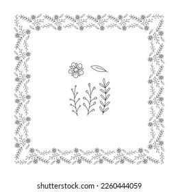 Square shape garland from one flower, leaf and three branch abstract. Doodle vector illustration.