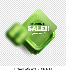 Square shape green sale button label tag, vector geometric buttons with transparency and blur effects
