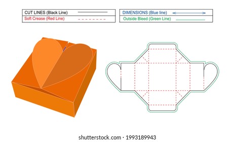 Square shape heart box and valentines day gift box, valentines day heart box and 3d render, dieline template and resizable